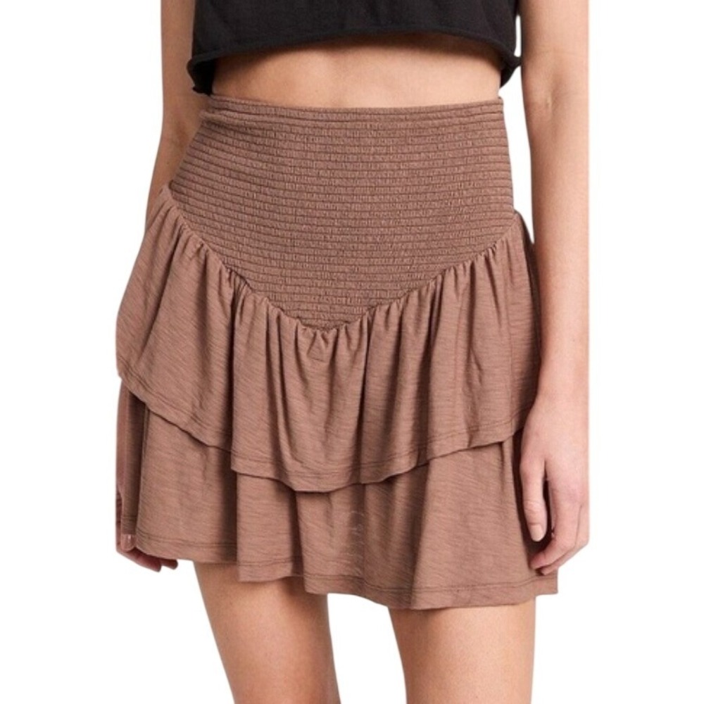 Nation LTD La Beba Smocked Ruffle Mini Skirt Pima Cotton Brown XS‎ REVOLVE